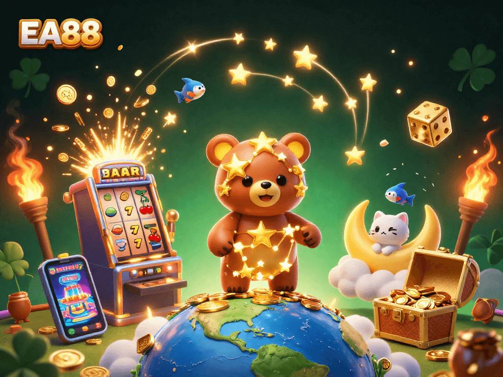 Experience excitement with EA88's colorful casino games and golden rewards in a vibrant 3D scene.