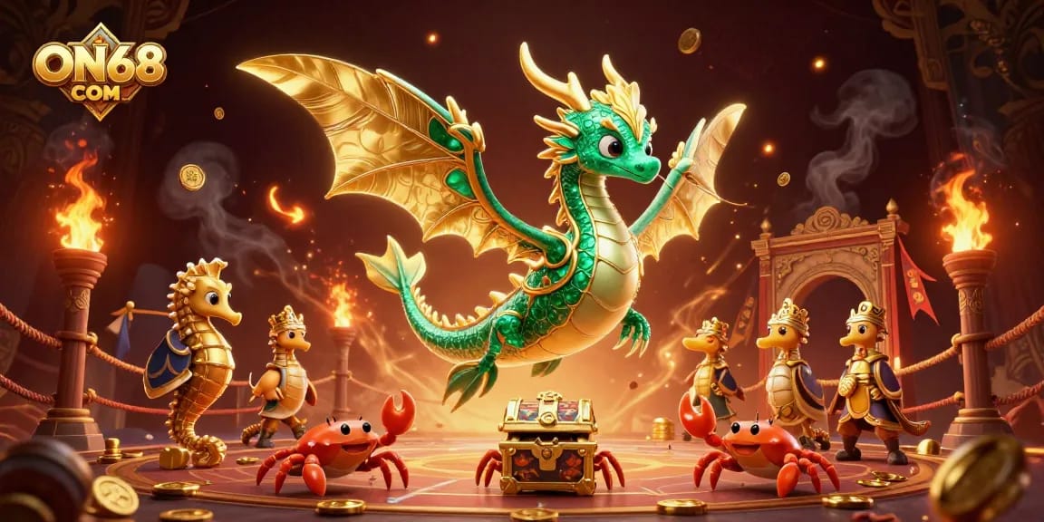 Experience thrilling bets with ON68 COM as a sea dragon guards treasure amid casino excitement.