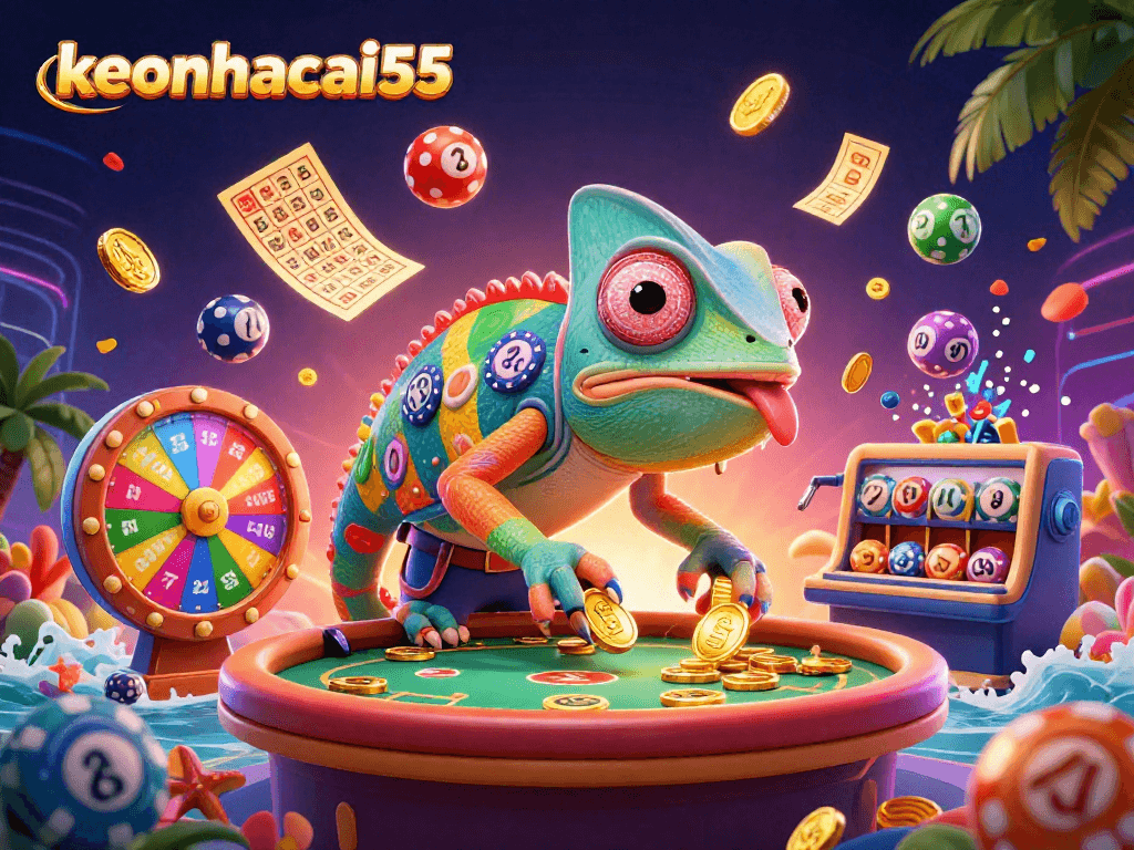 Experience keonhacai55 excitement with a colorful casino scene full of dynamic gambling elements.
