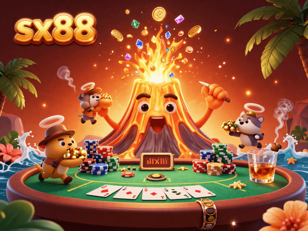 Experience the thrill of sx88 with a dramatic casino eruption and treasure-carrying adventurers.