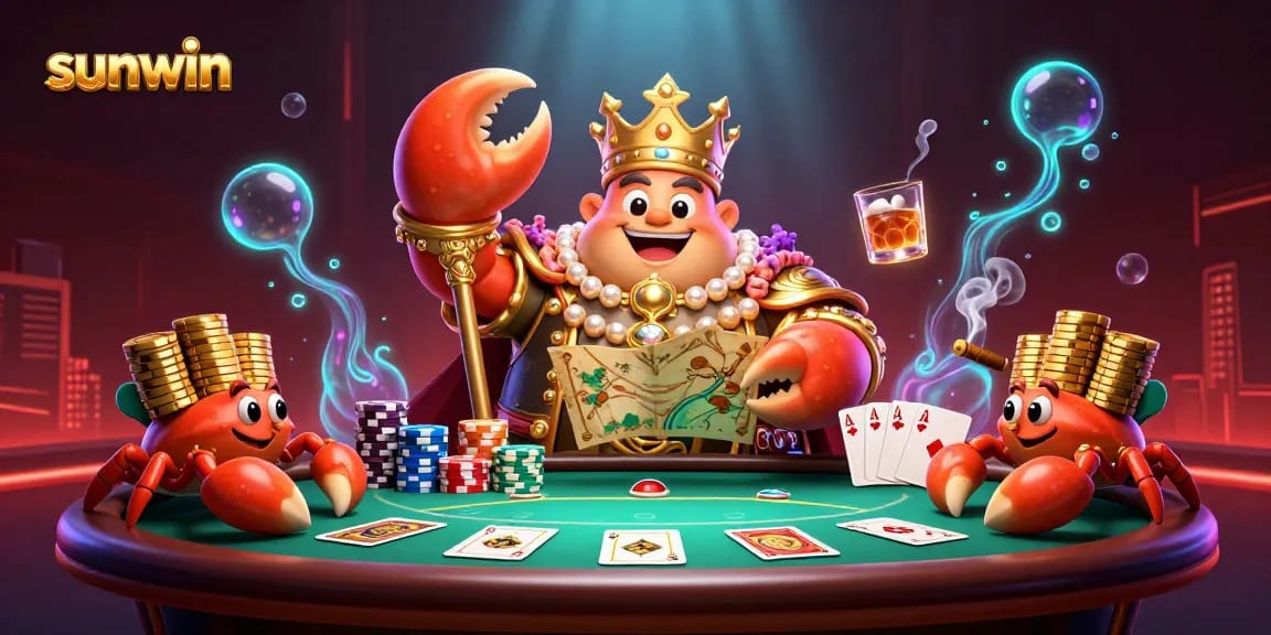 Experience the excitement of sunwin with a golden crab emperor holding treasures and poker elements in a vibrant casino scene.