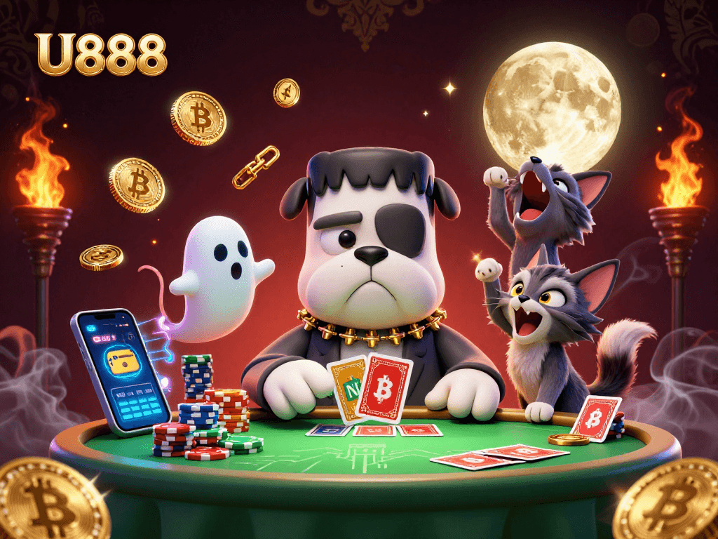 Play U888 to win big with our vibrant 3D gambling scene featuring unique characters and crypto elements.