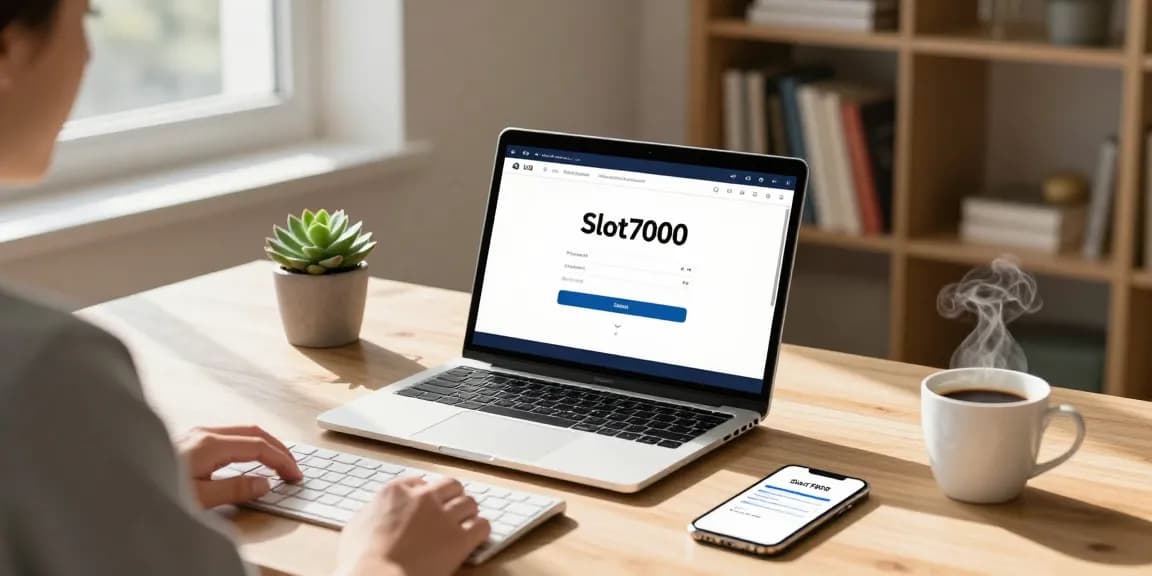 User engaging with Slot7000 application on laptop, showcasing modern home workspace.