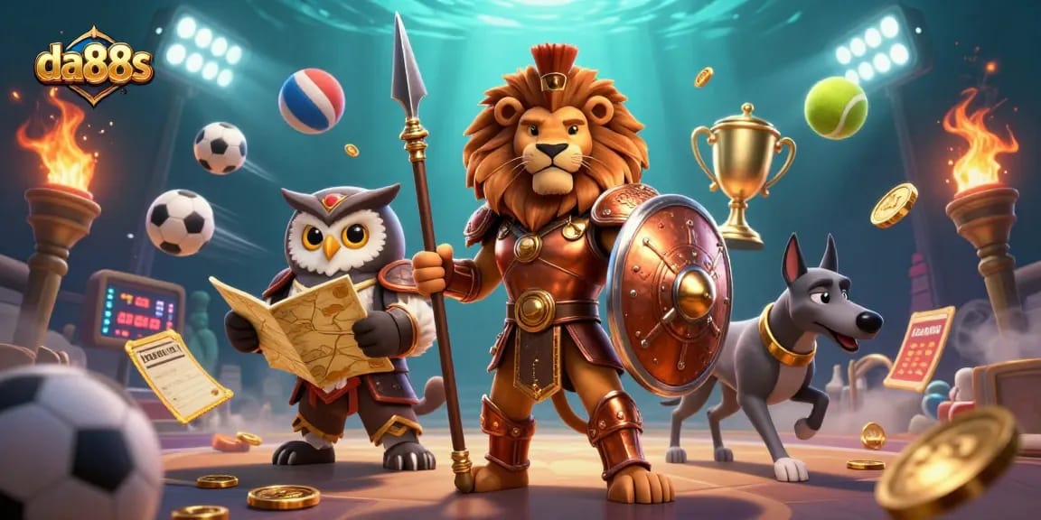 Experience thrilling gaming with da88s as a dynamic Spartan lion and allies celebrate victory.