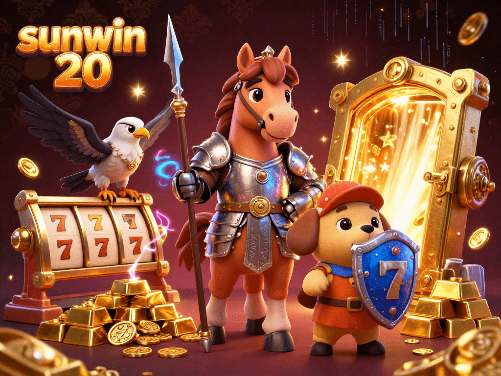 Engage with the thrilling atmosphere at sunwin 20 featuring dynamic elements like vibrant slot reels and treasure in a rich casino scene.
