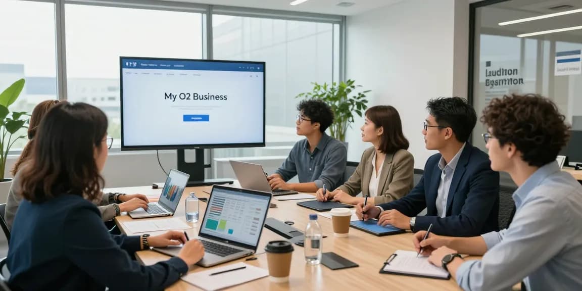 Explore my o2 business login features in a modern corporate meeting setup highlighting teamwork and technology.