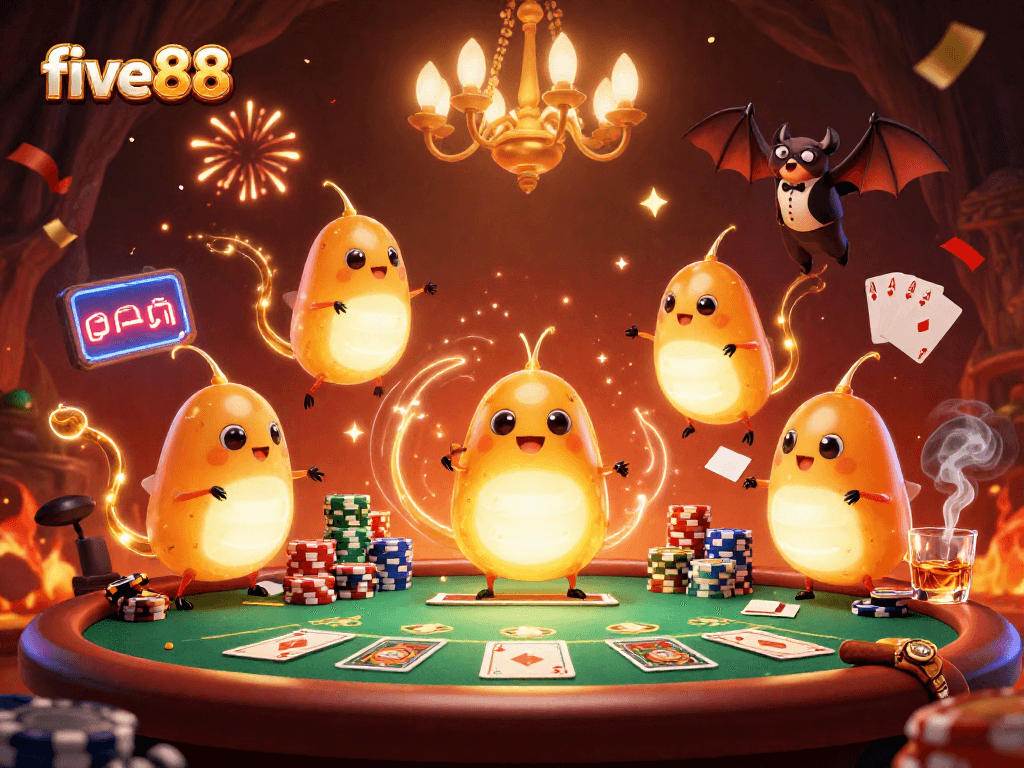 Play poker in the vibrant five88 casino illuminated by glowing glowworms and a bat dealer.
