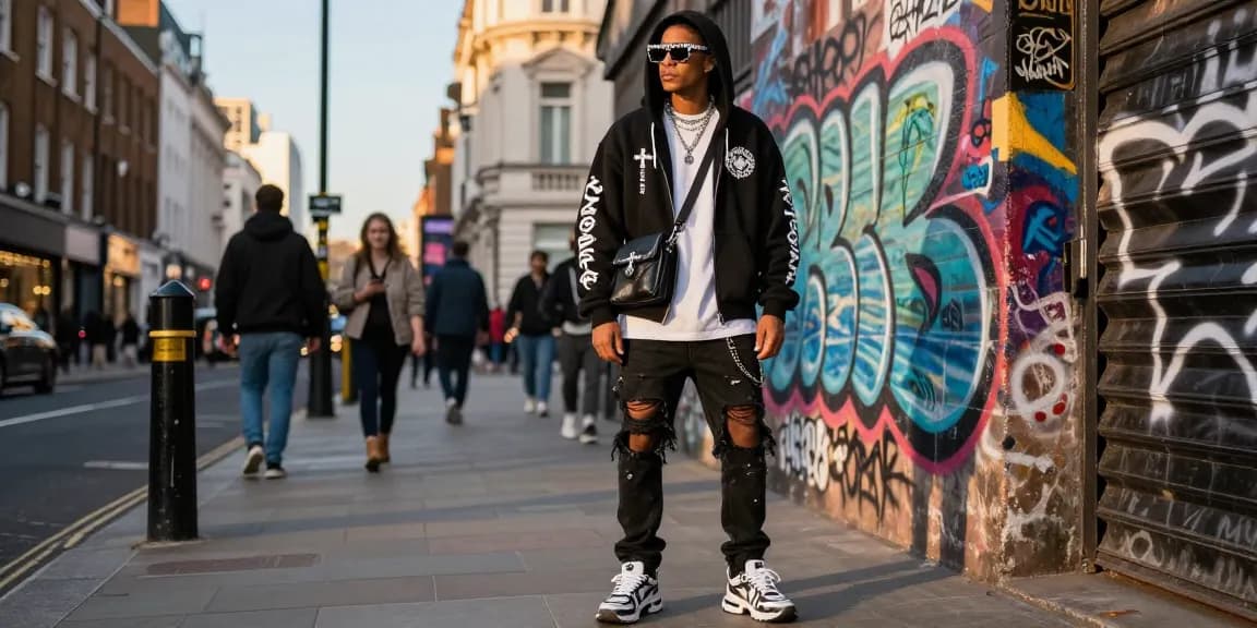 Chrome Hearts streetwear style in London featuring bold hoodie and luxury sunglasses against a vibrant urban backdrop.