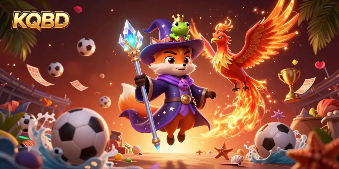 KQBD showcases a mystical wizard fox and phoenix in a vibrant sports betting scene with dynamic elements.