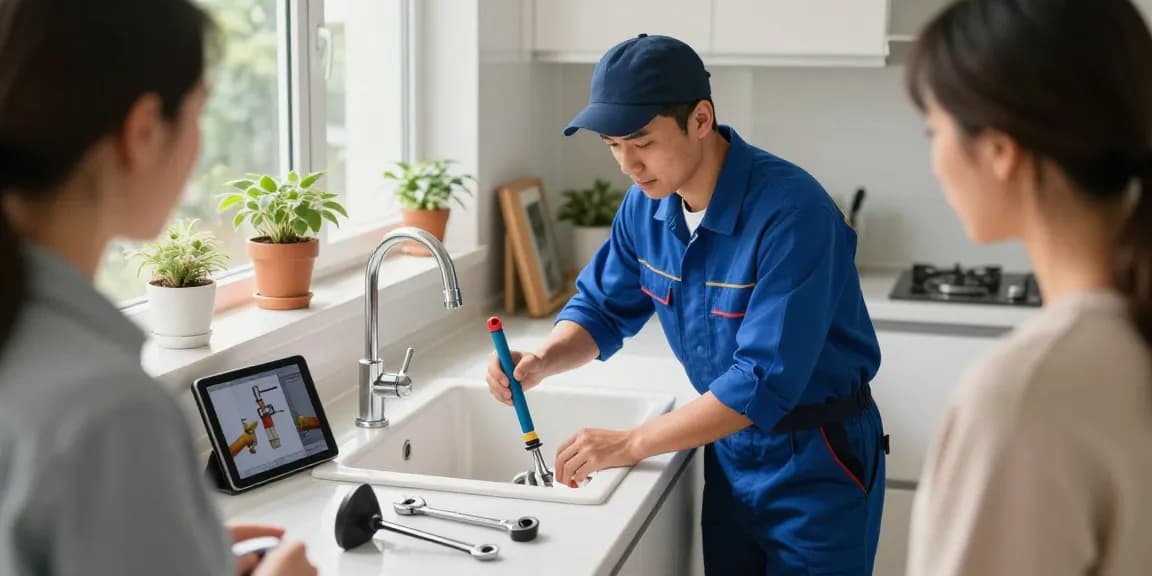 Emergency plumber inspecting blocked drains in London kitchen, showcasing tools and homeowner engagement.
