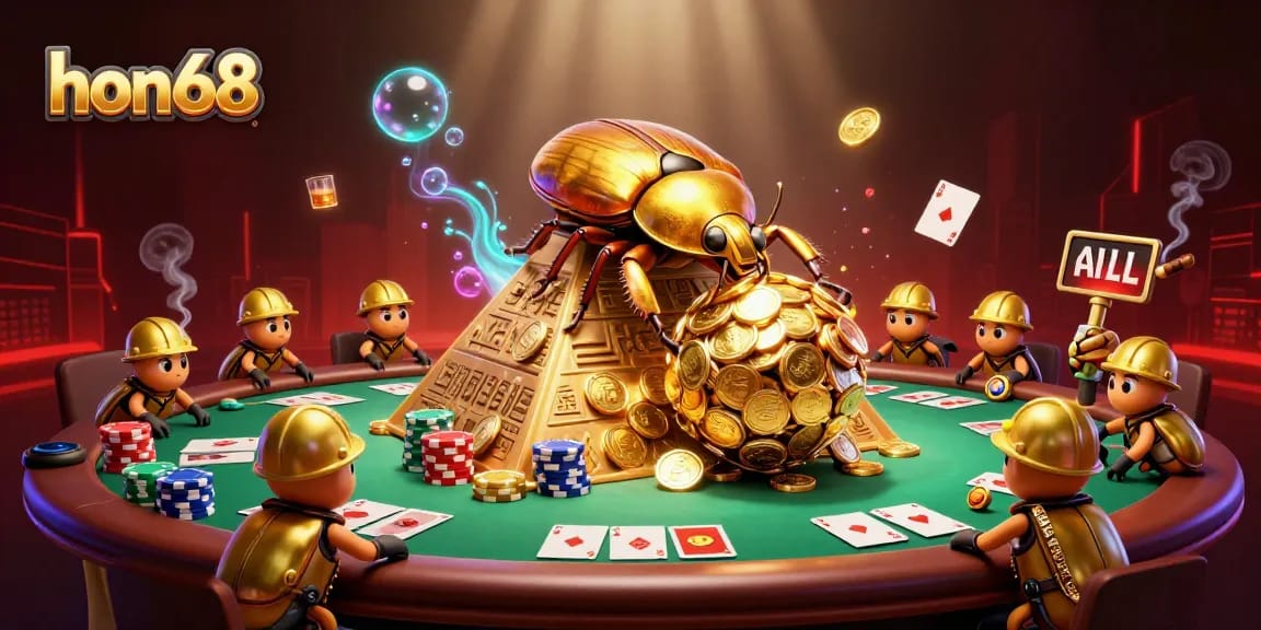 Experience thrilling gameplay at hon68 with golden beetles collecting coins amidst a vibrant casino scene.
