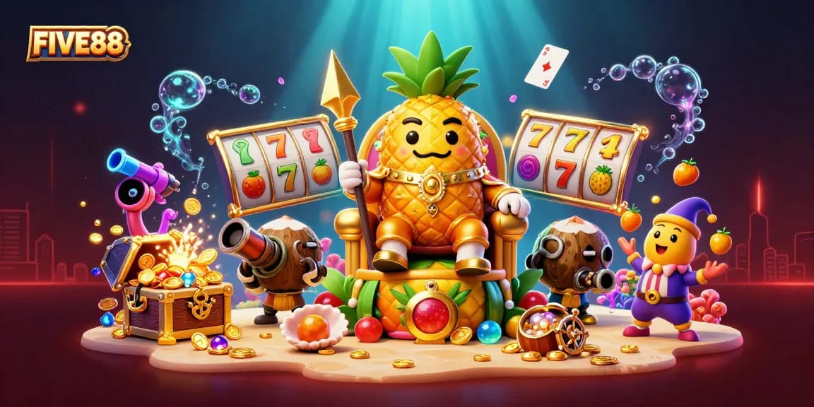 FIVE88 presents a vibrant casino scene featuring the golden pineapple king and exciting slot game elements.