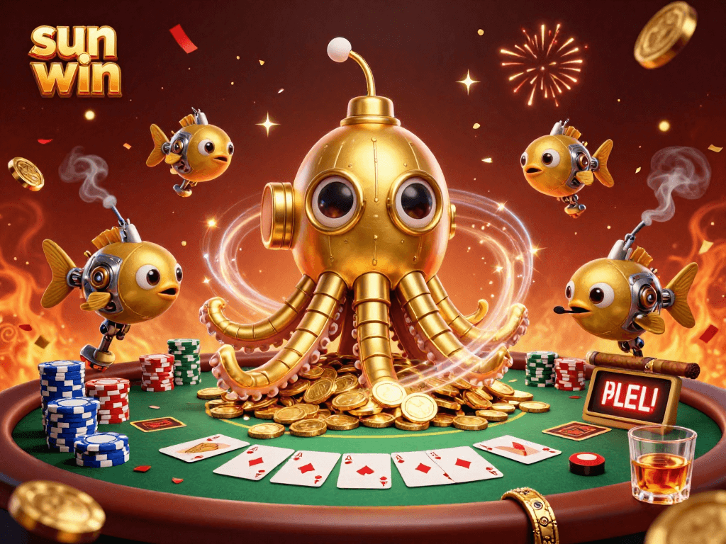 Experience the exciting sun win casino adventure with a golden kraken surfacing through golden coins and poker elements.