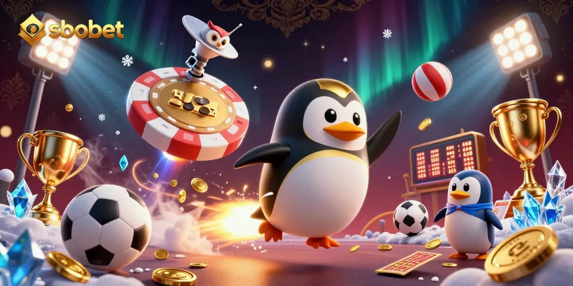 Bet on sbobet with a golden penguin flying to a casino in this thrilling sports illustration.