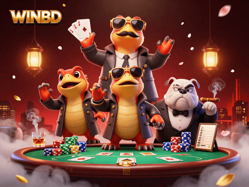 WINBD raptors enter a VIP casino lounge, surrounded by poker elements and glowing ambiance.