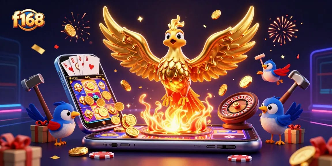 Engage in thrilling gameplay at f168 with a golden phoenix amidst vibrant casino elements.