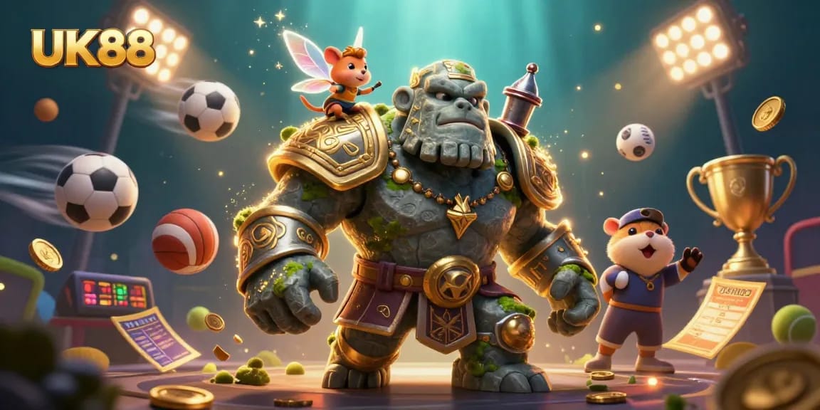 Place your bets and win big with UK88 in this vibrant, animated casino scene.