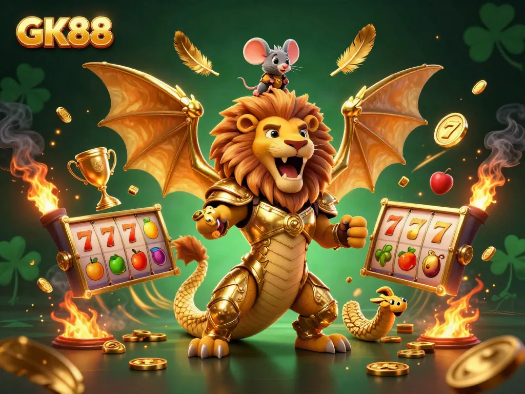 Engage in vibrant slots action with GK88 featuring a golden armored chimera and thrilling jackpot elements.