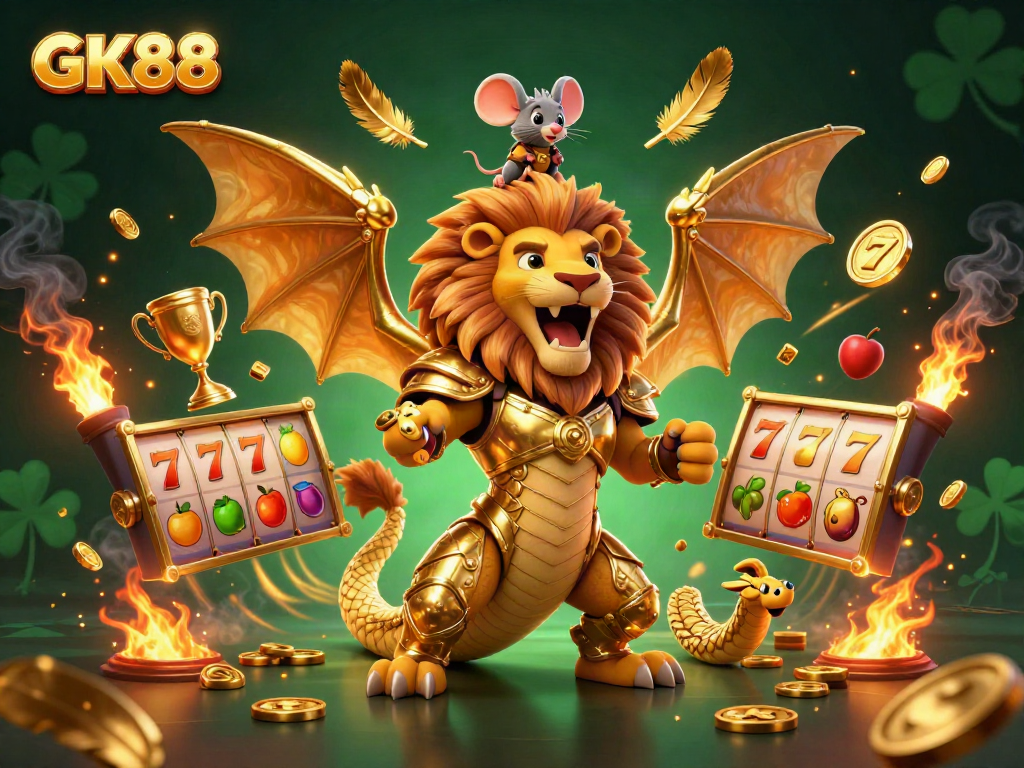Engage in vibrant slots action with GK88 featuring a golden armored chimera and thrilling jackpot elements.