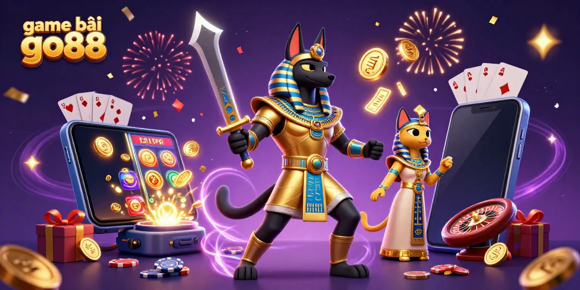 Engage in the exhilarating game bài go88 with an illustrated scene of Anubis and Bastet in a casino-like atmosphere.