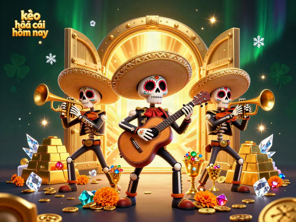Engage with kèo nhà cái hôm nay featuring a colorful skeleton mariachi band surrounded by treasures and casino elements.