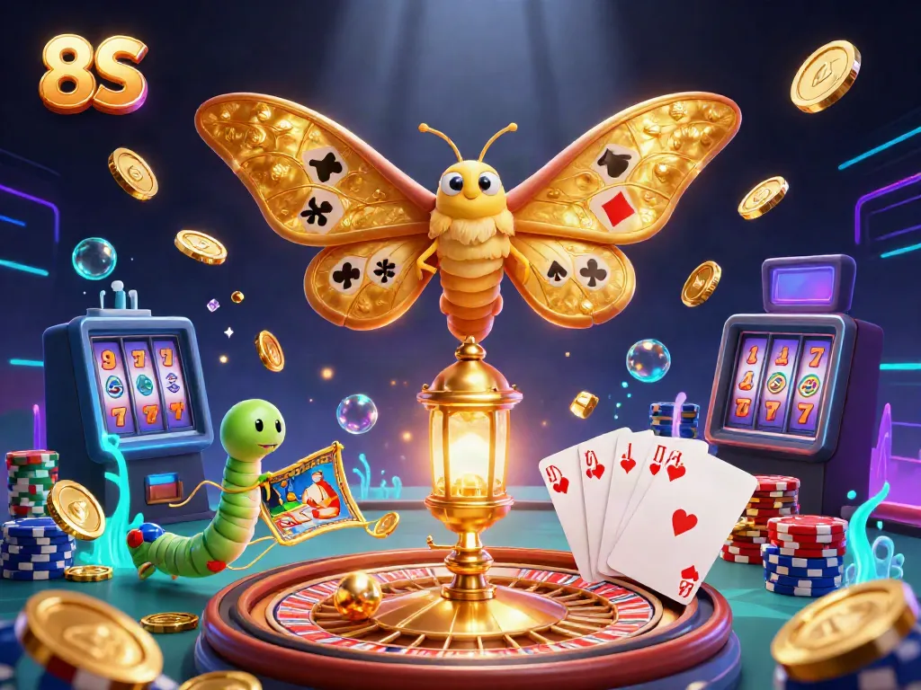 Experience thrilling casino excitement with 8S as golden moths, coins, and chips explode in a vibrant scene.