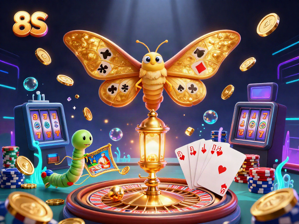 Experience thrilling casino excitement with 8S as golden moths, coins, and chips explode in a vibrant scene.