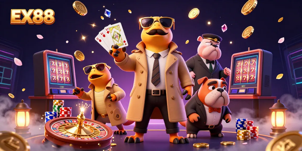 Experience the exciting EX88 VIP casino scene with raptors in disguise, golden coins, and roulette action.
