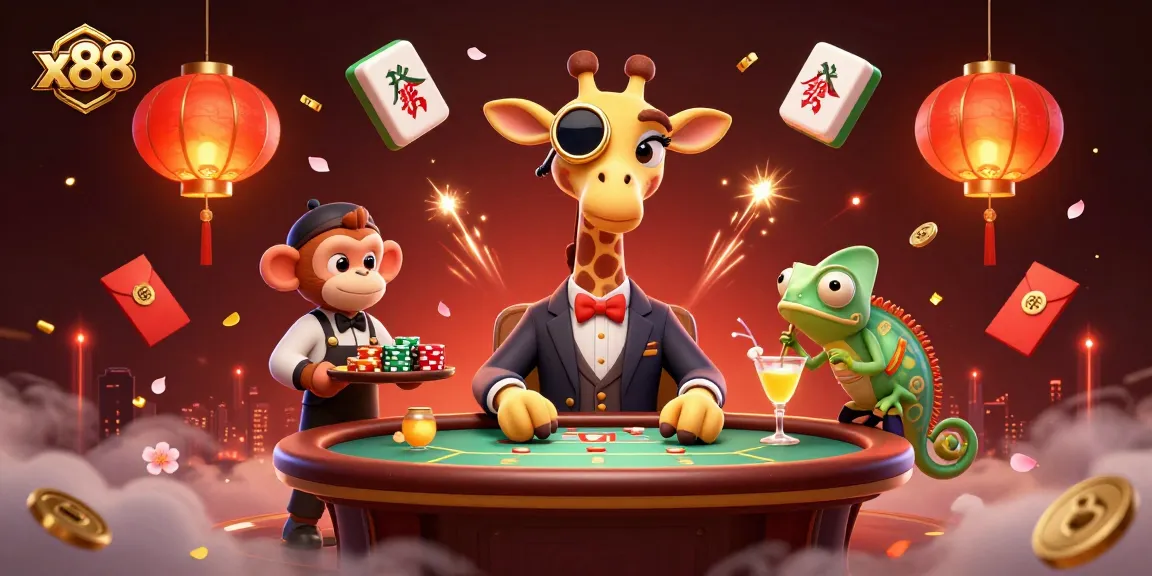 Experience x88 excitement with a vibrant casino scene featuring dynamic characters and luxurious elements.