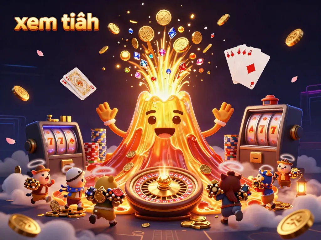 Experience the excitement of gambling with the mesmerizing golden volcano, amid coins and treasures in a casino scene - xem thêm.