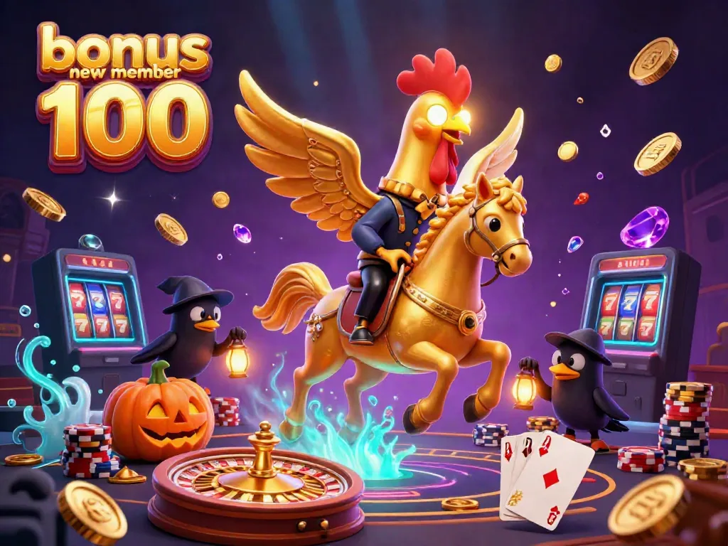 Exciting scene showcasing bonus new member 100 with a golden rooster in a casino setting, surrounded by vibrant gambling elements.