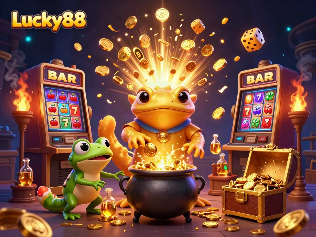 Experience Lucky88's vibrant gambling world with golden characters and jackpot symbols exploding around them.
