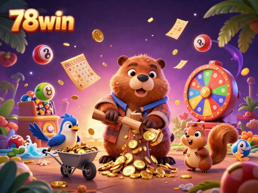 Experience the excitement of 78win with cartoon beavers, lottery balls, and golden coins raining down.
