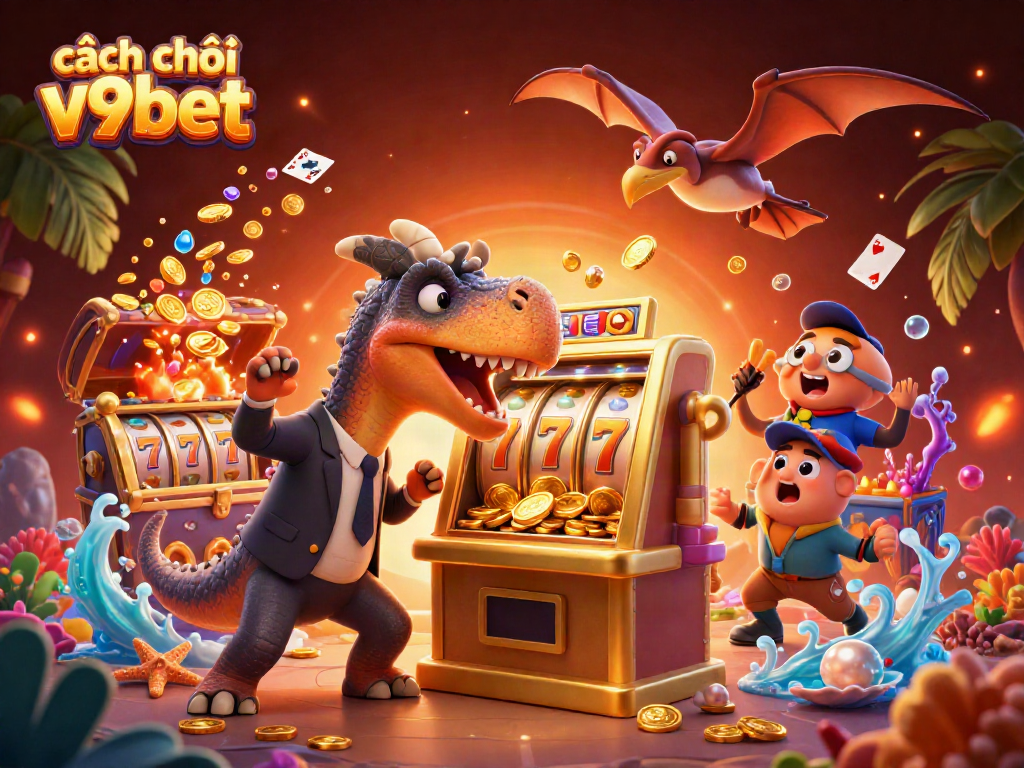 Spin the golden slot machine in this dynamic illustration capturing the essence of cách chơi v9bet.