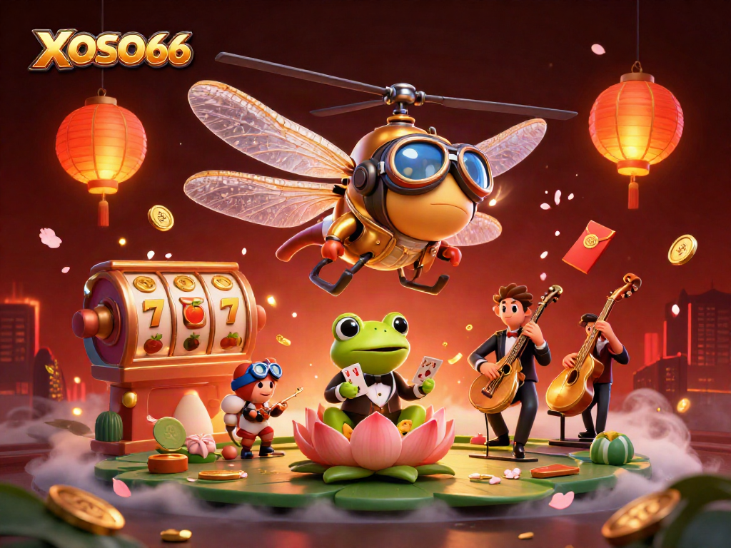 XOSO66's lively casino scene showcases a dragonfly pilot and frog dealer surrounded by slot game elements.