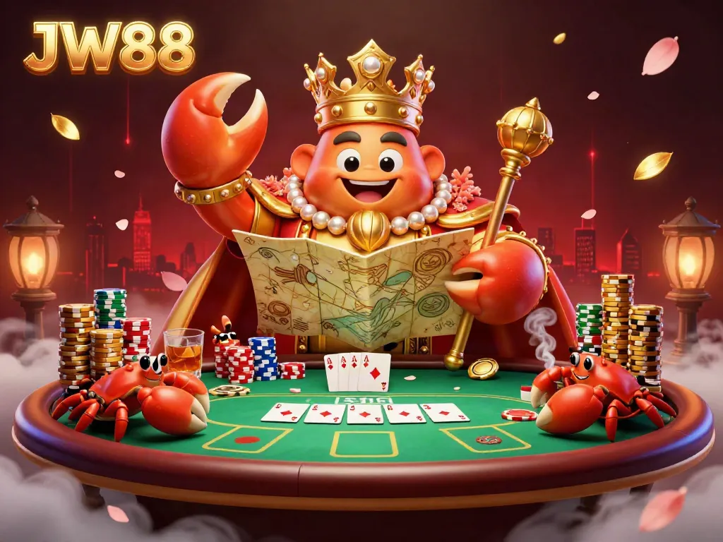 Engage in exciting games at JW88, featuring a majestic golden crab and vibrant poker elements.