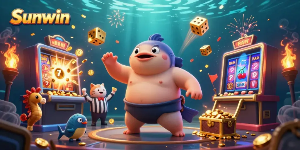 Experience vibrant gaming action with Sunwin in a lively underwater casino scene full of excitement.