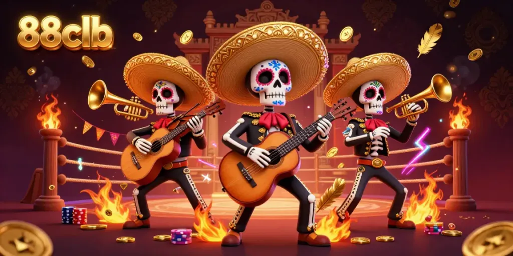 Join the thrilling action of 88clb with dynamic mariachi skeletons celebrating with gold coins and vibrant colors.