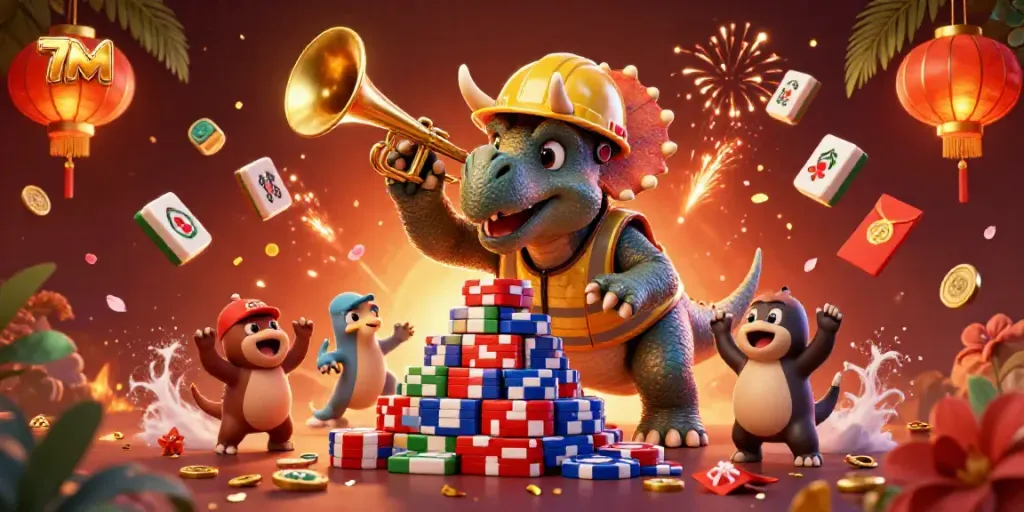 Bet on thrilling sports outcomes with 7M's dynamic casino scene featuring vibrant characters.
