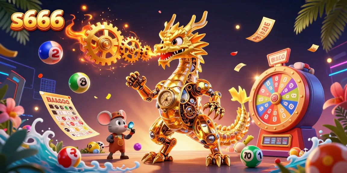 S666 offers thrilling online gaming with colorful lottery balls and engaging elements in a vibrant casino-themed illustration.