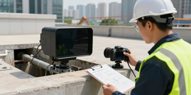 CCTV Drainage Survey Surrey - Professional surveyor inspecting drainage system using high-resolution cameras in urban area.