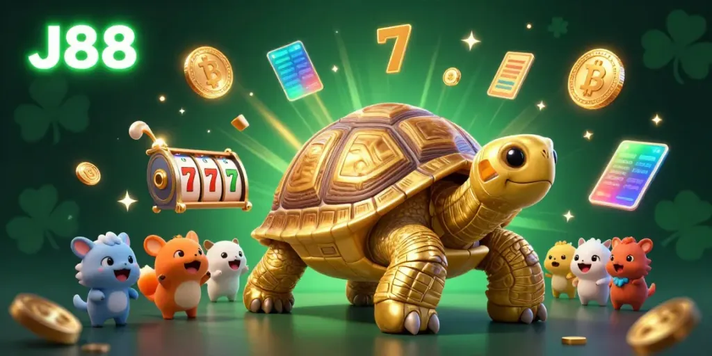 Engage with J88's vibrant casino experience featuring a golden tortoise pinball machine in a lively cartoon setting.
