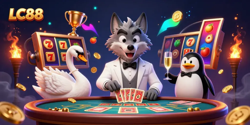 Experience thrilling LC88 gameplay with vibrant casino characters at a baccarat table.