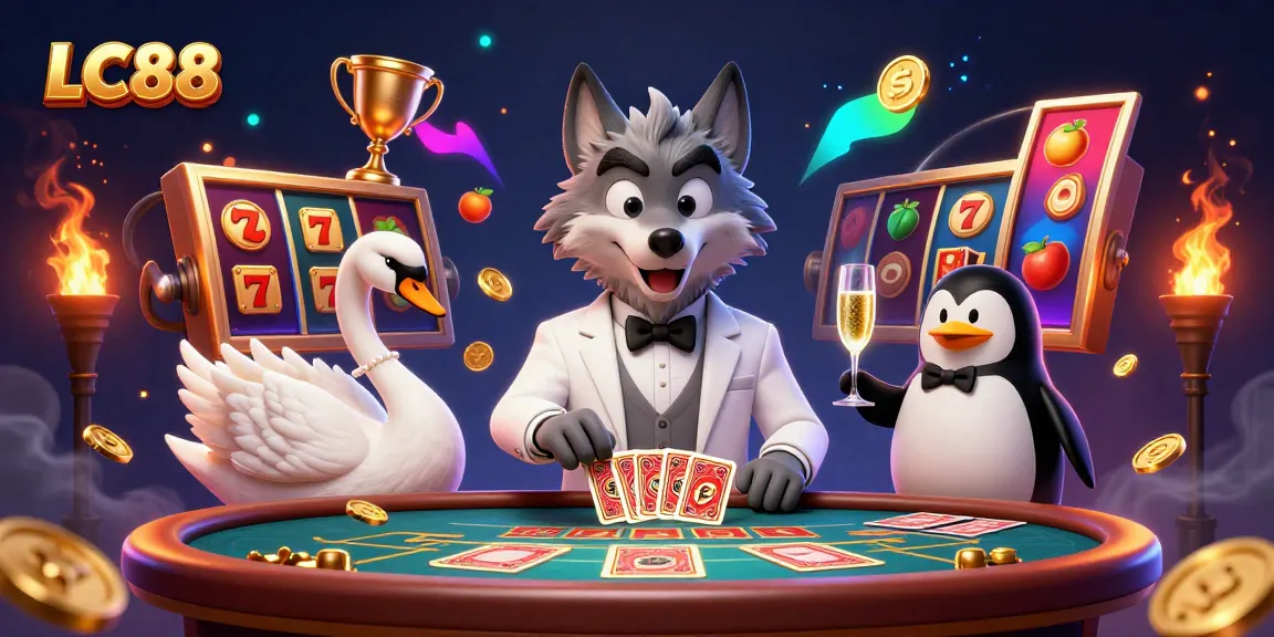 Experience thrilling LC88 gameplay with vibrant casino characters at a baccarat table.