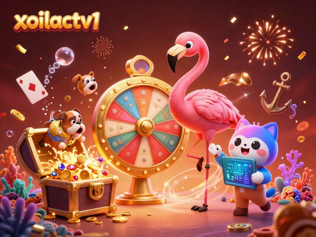Experience the thrill of xoilactv1 casino games with vivid prizes and excitement in this colorful illustration.