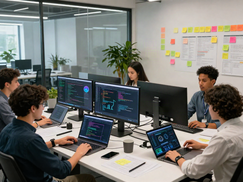 Diverse software developers brainstorming on nsfw ai technology in an innovative workspace.