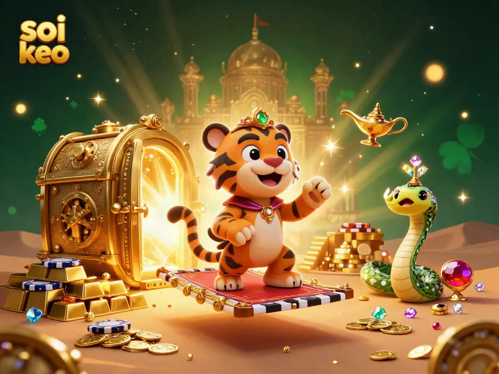 Soi keo insights featured in a vibrant 3D illustration of a sultan tiger, golden assets, and treasure