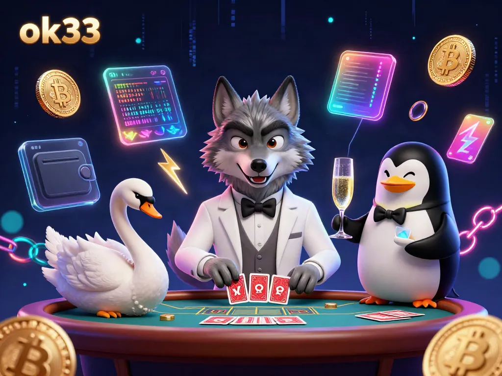 Engaging illustration of ok33 featuring a stylish wolf, elegant swan, and penguin presenting champagne at a baccarat table.