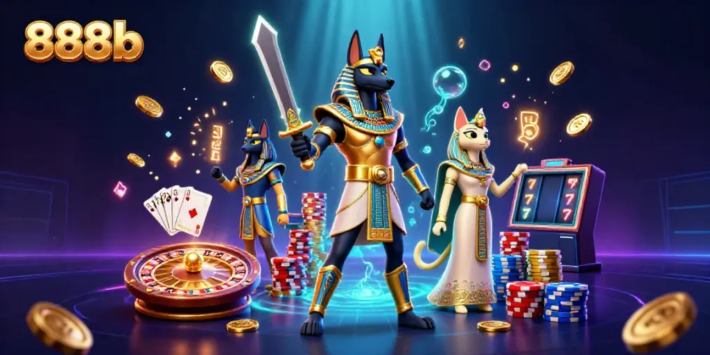 Experience exciting games at 888b with ancient Egyptian warrior Anubis and treasures surrounding him.