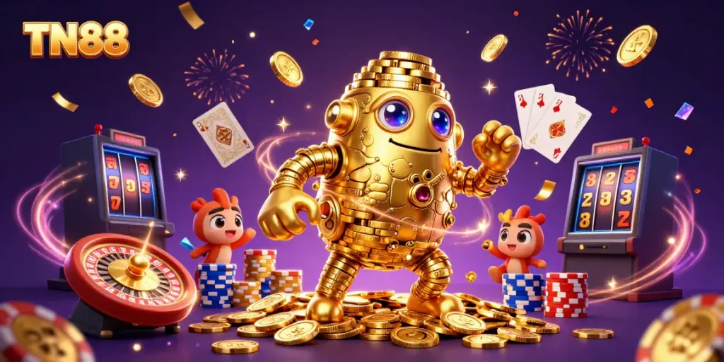 Experience thrilling gameplay with TN88 featuring a golden golem and vibrant casino elements.